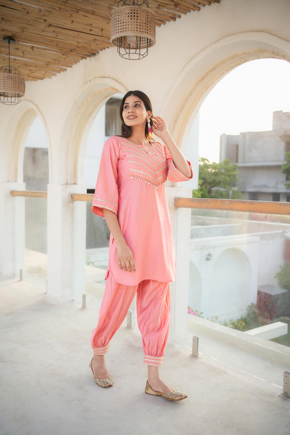 Pink and Peach Gota Work Modal Muslin Co-ord Set