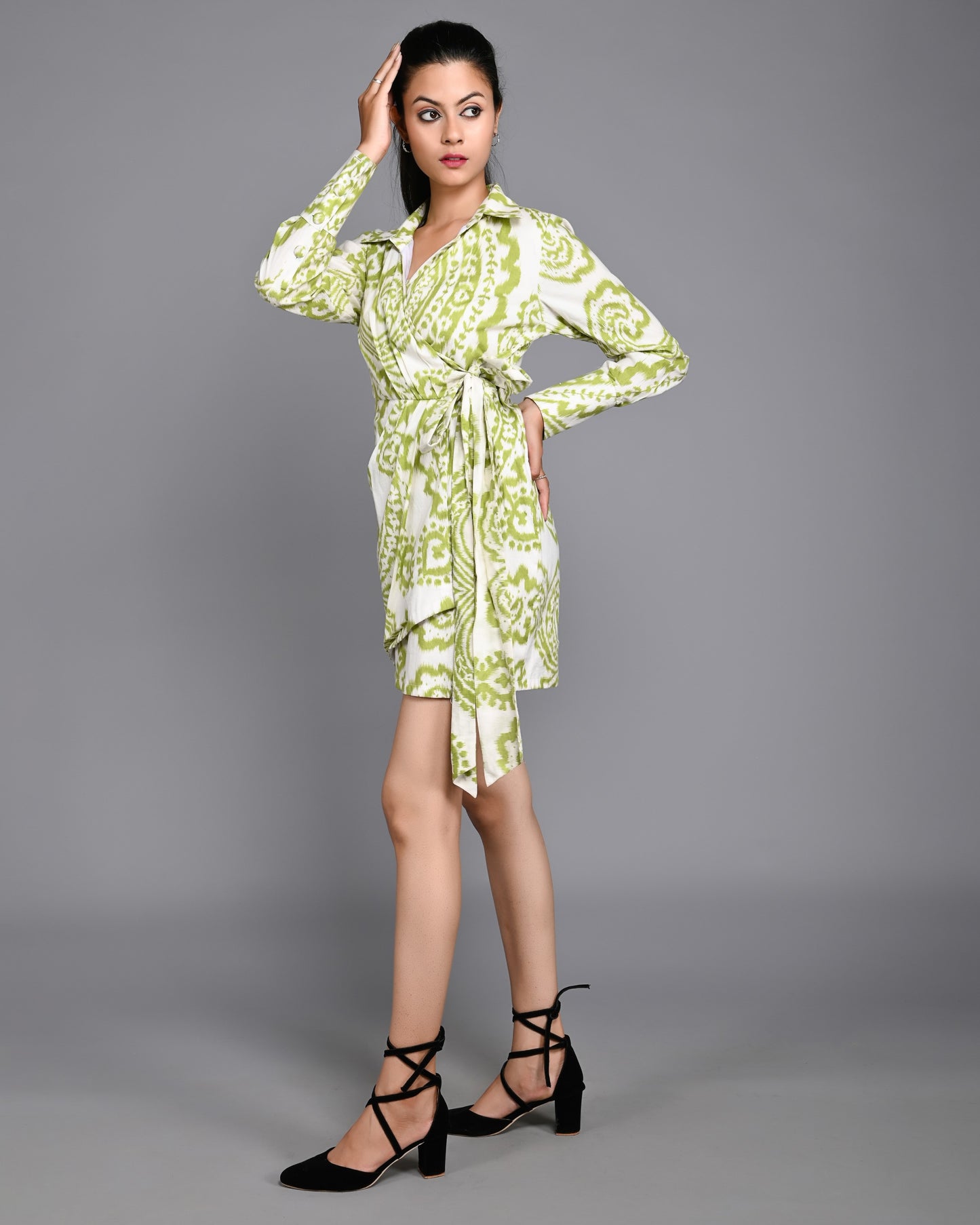 Green and White Printed Midi Dress with Full Sleeves