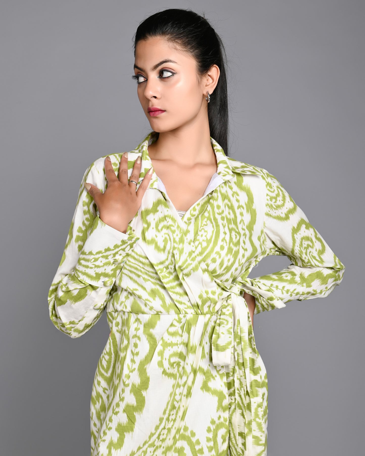 Green and White Printed Midi Dress with Full Sleeves