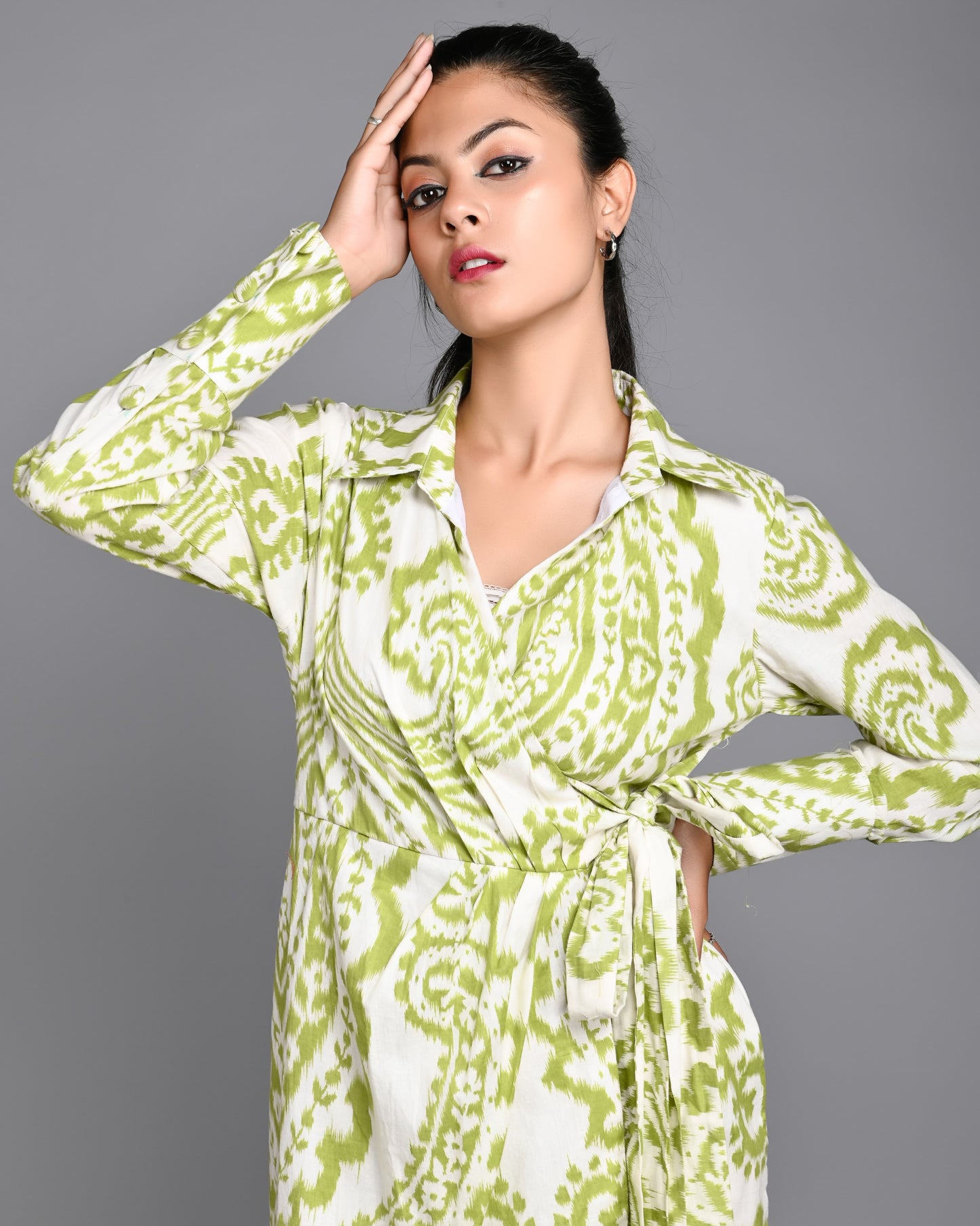 Green and White Printed Midi Dress with Full Sleeves