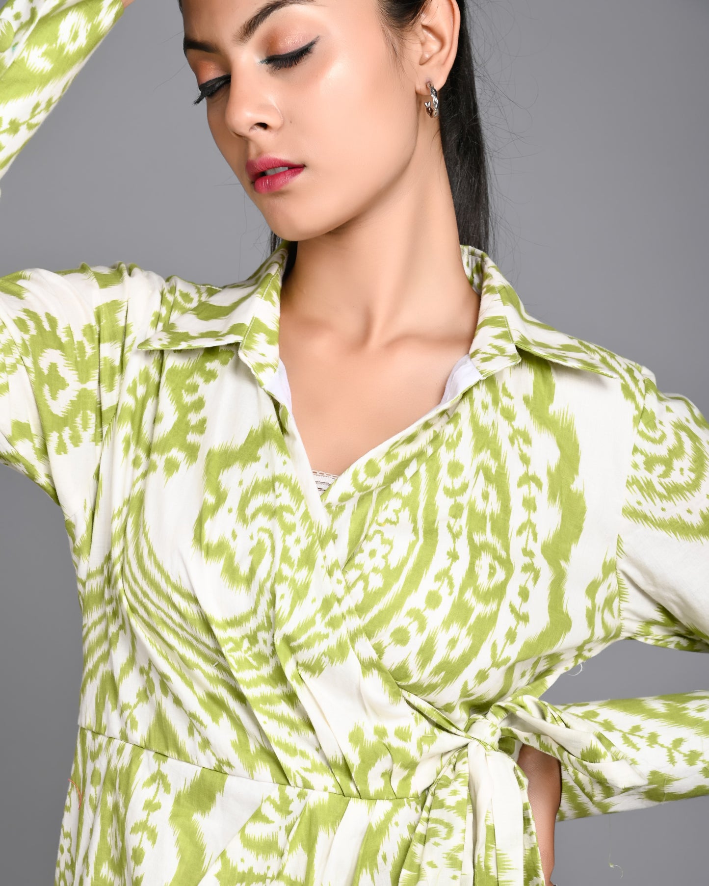 Green and White Printed Midi Dress with Full Sleeves