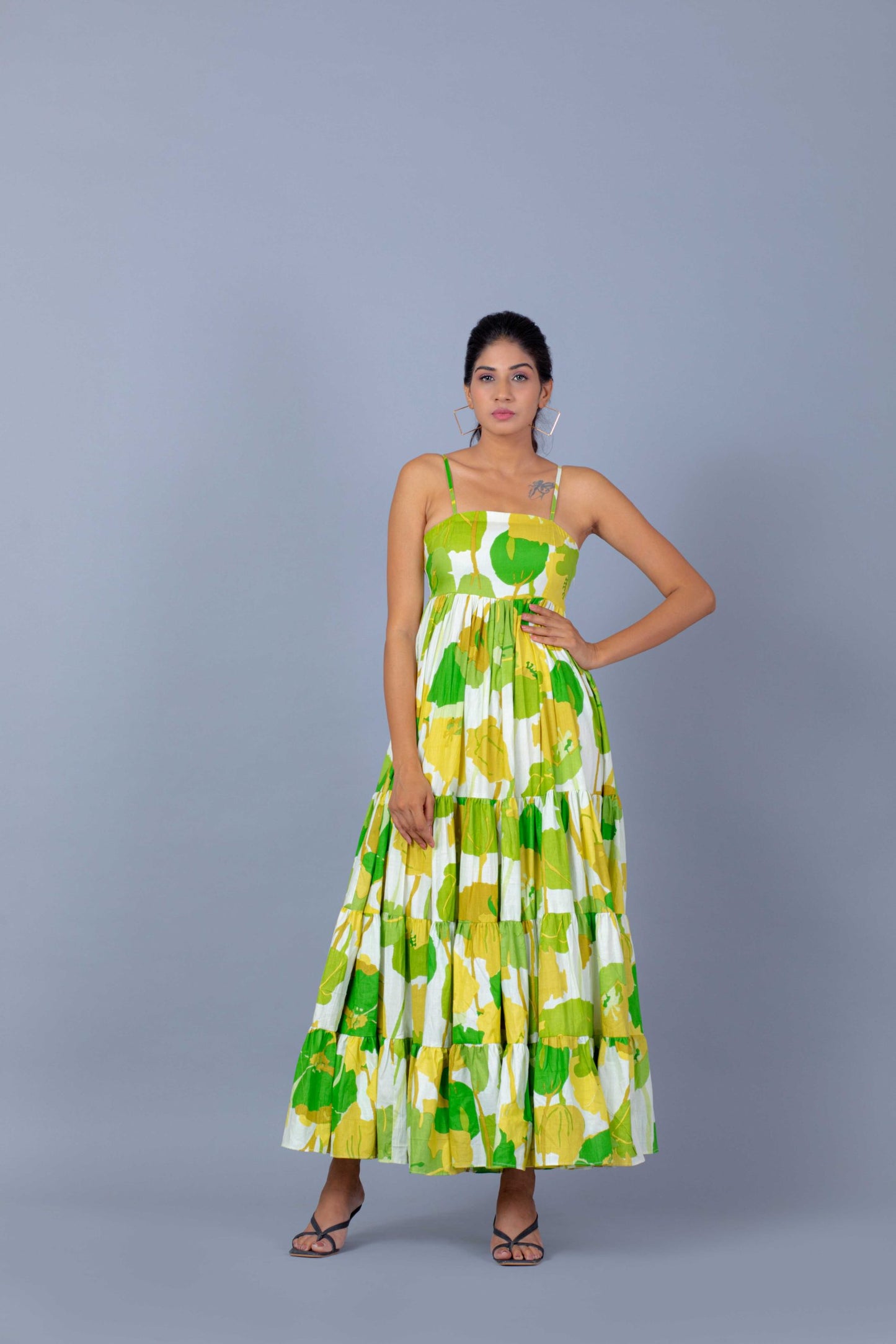 White and Green Floral Print Flared Maxi Dress