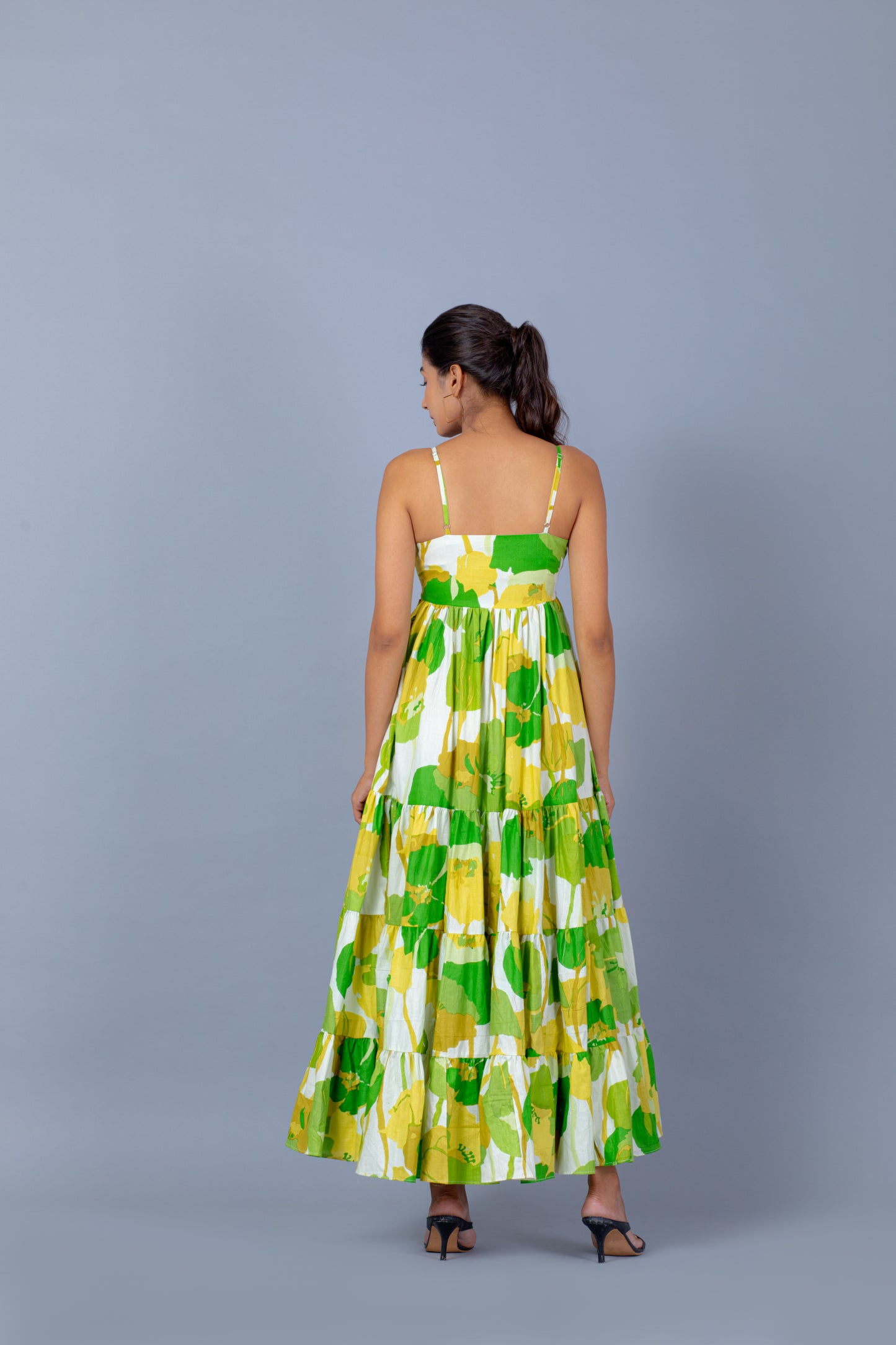 White and Green Floral Print Flared Maxi Dress