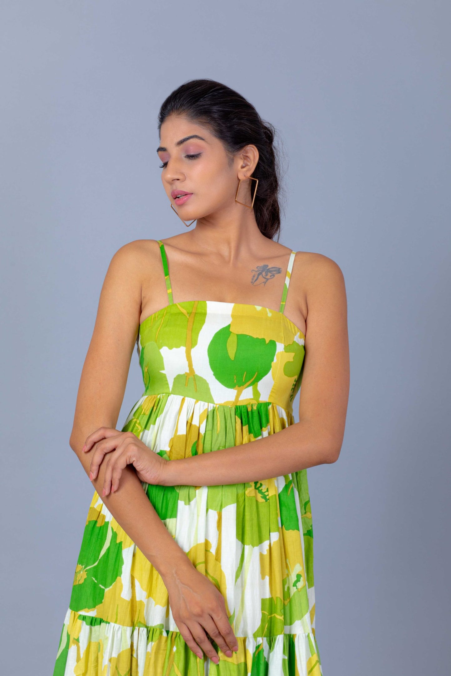 White and Green Floral Print Flared Maxi Dress