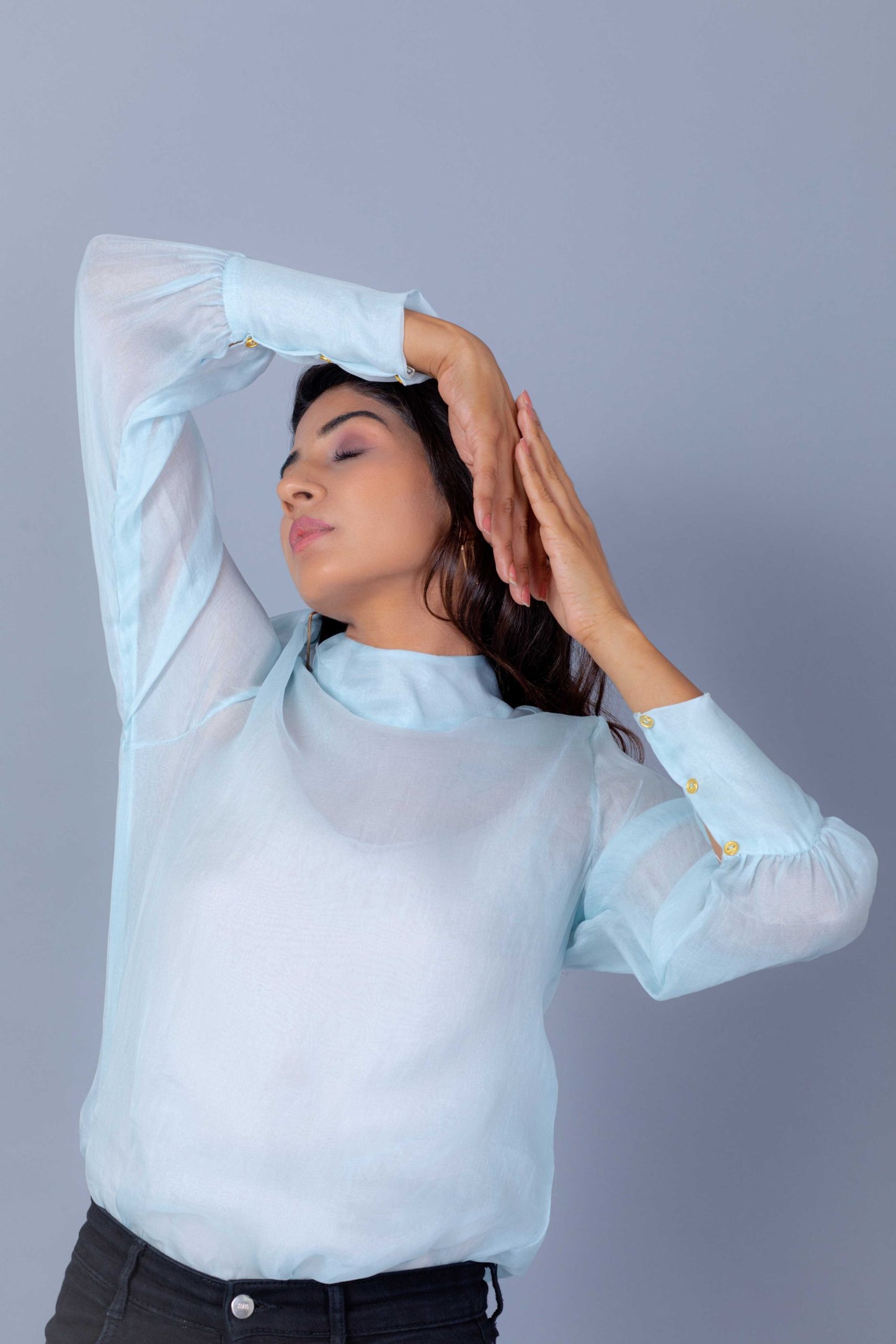 Blue Organza High Neck Top