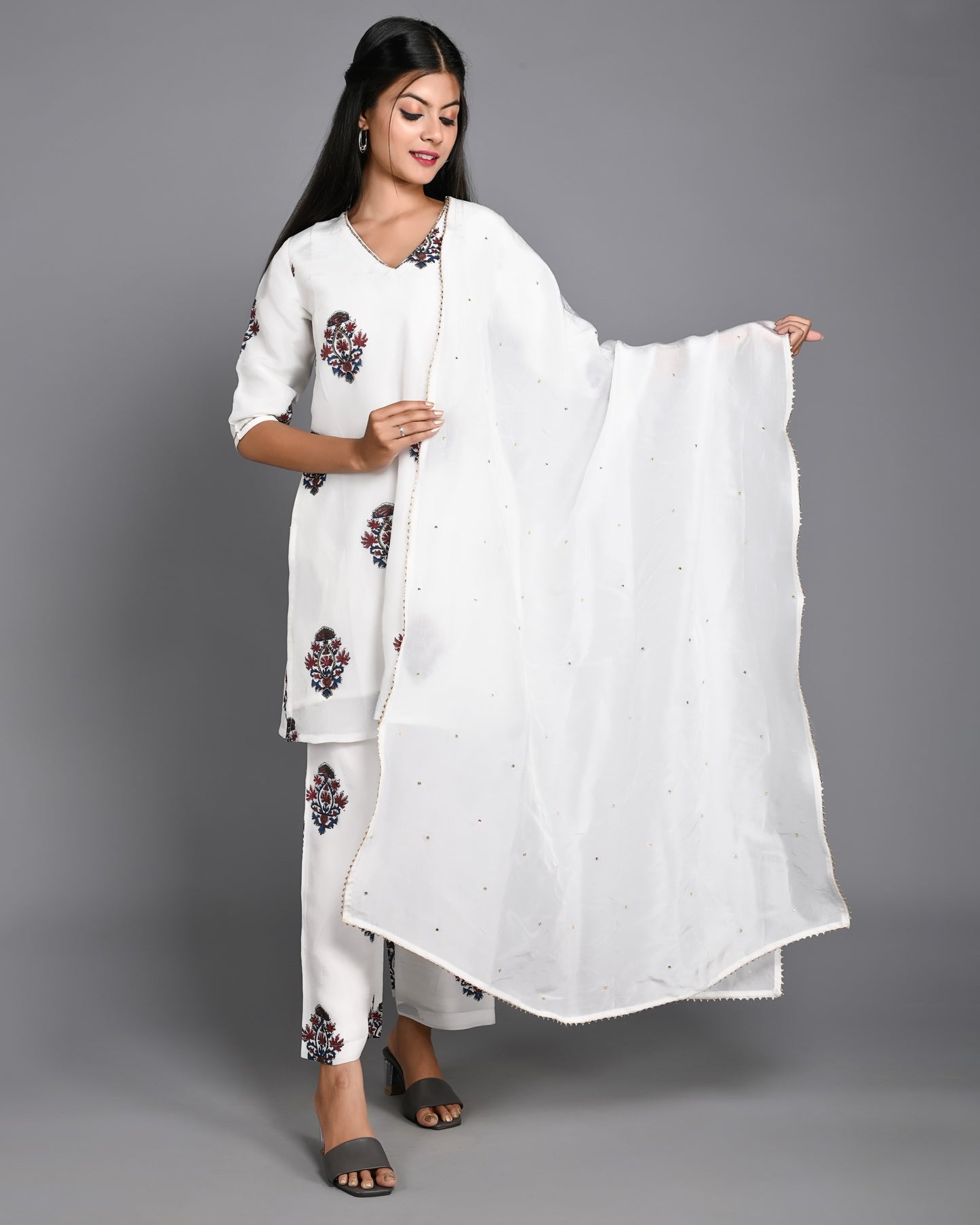 White Handblock Printed Short Kurta Suit Set