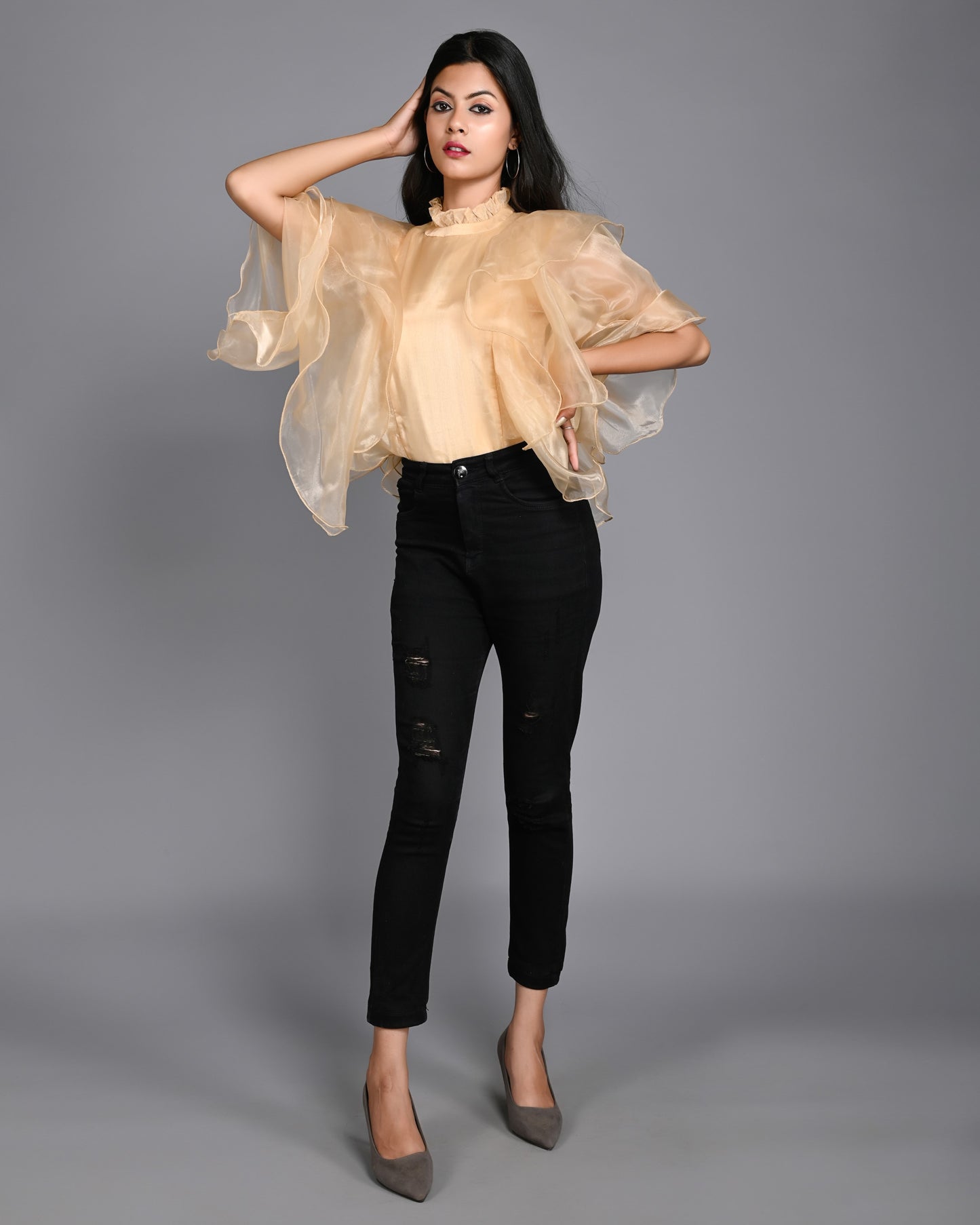 Golden Organza High Neck with Flared Sleeves Top