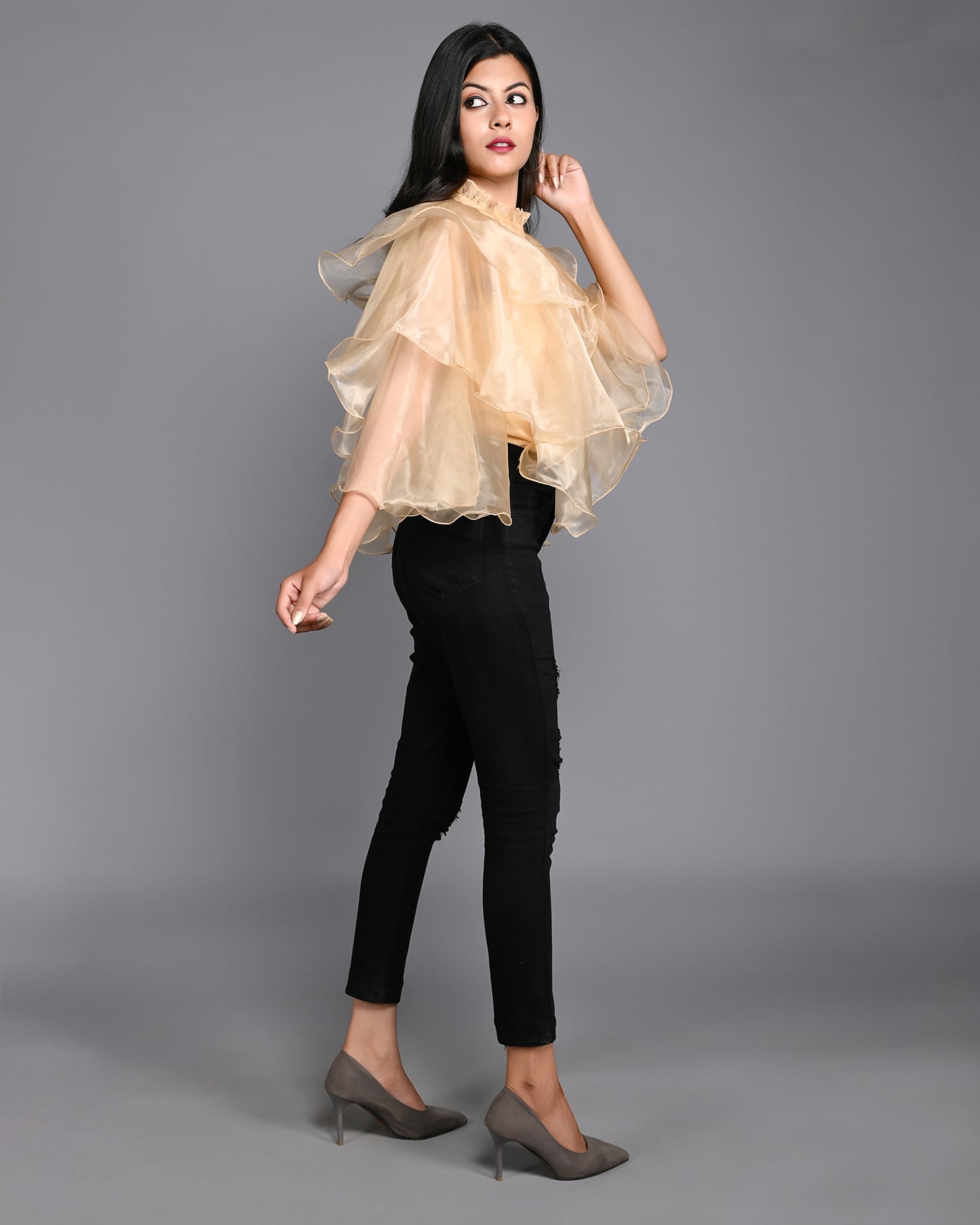 Golden Organza High Neck with Flared Sleeves Top