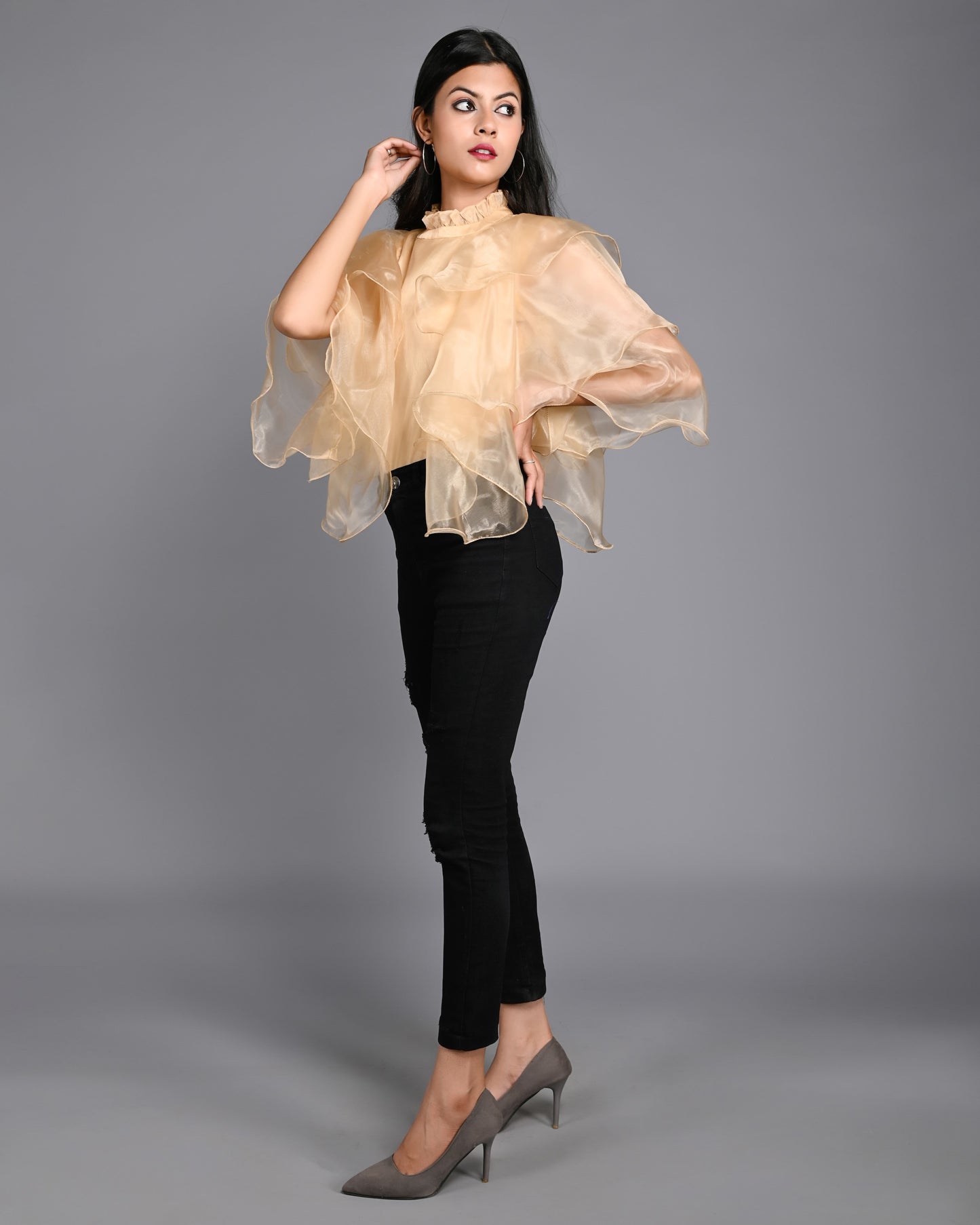 Golden Organza High Neck with Flared Sleeves Top