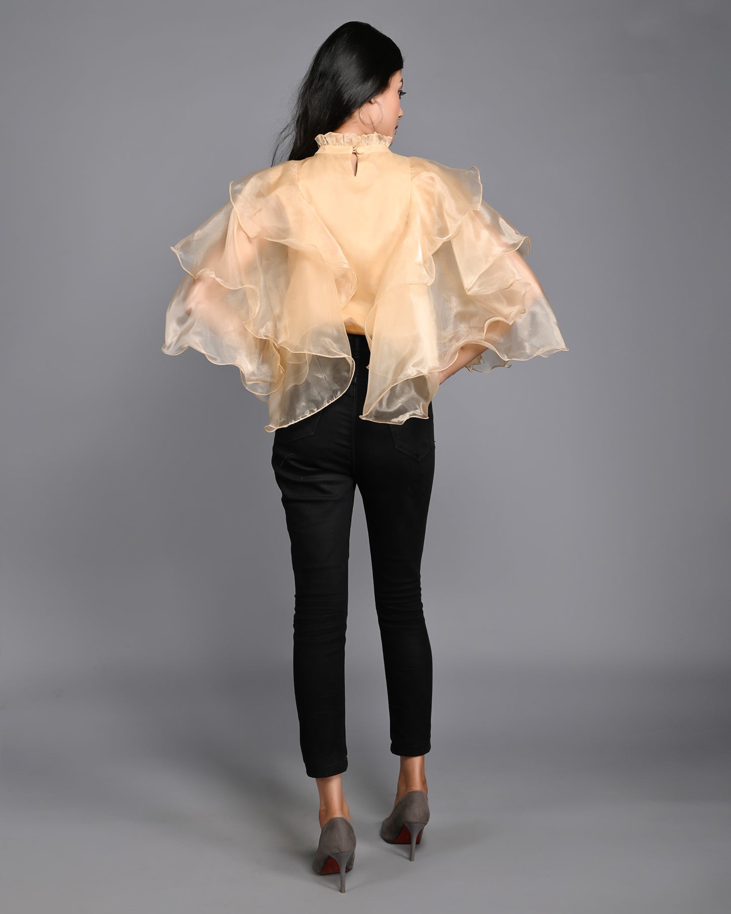 Golden Organza High Neck with Flared Sleeves Top