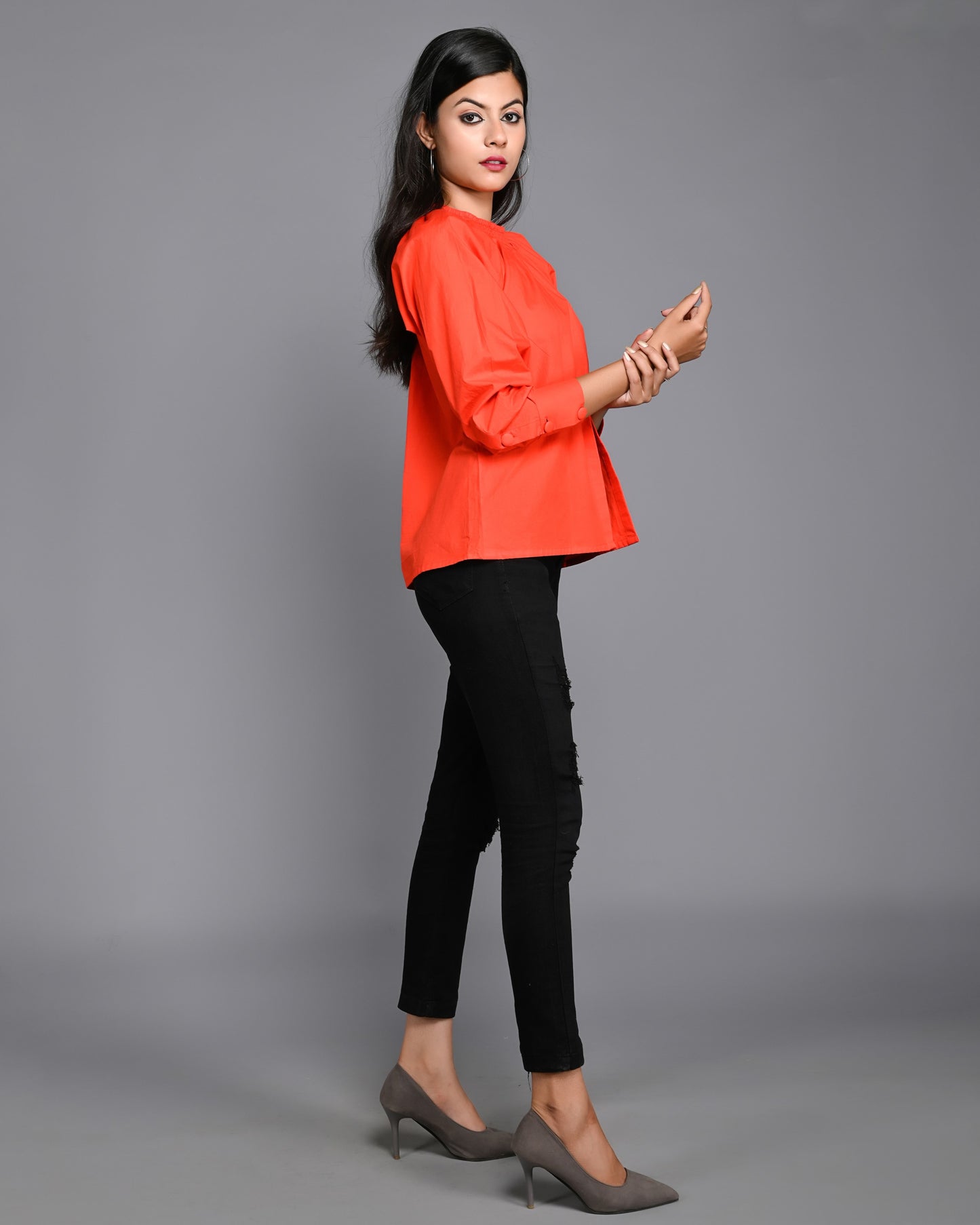 Orange Poplin Top with Front Cut