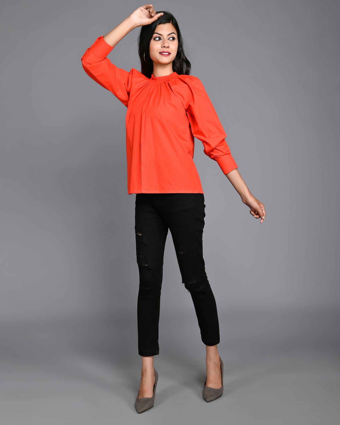 Orange Poplin Top with Front Cut