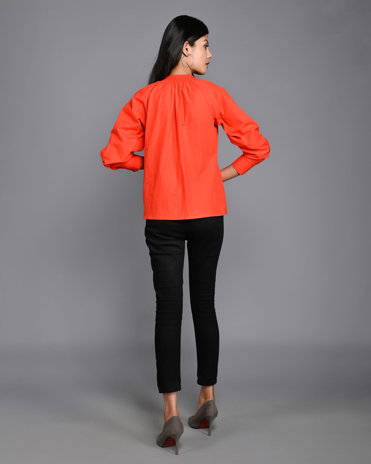 Orange Poplin Top with Front Cut
