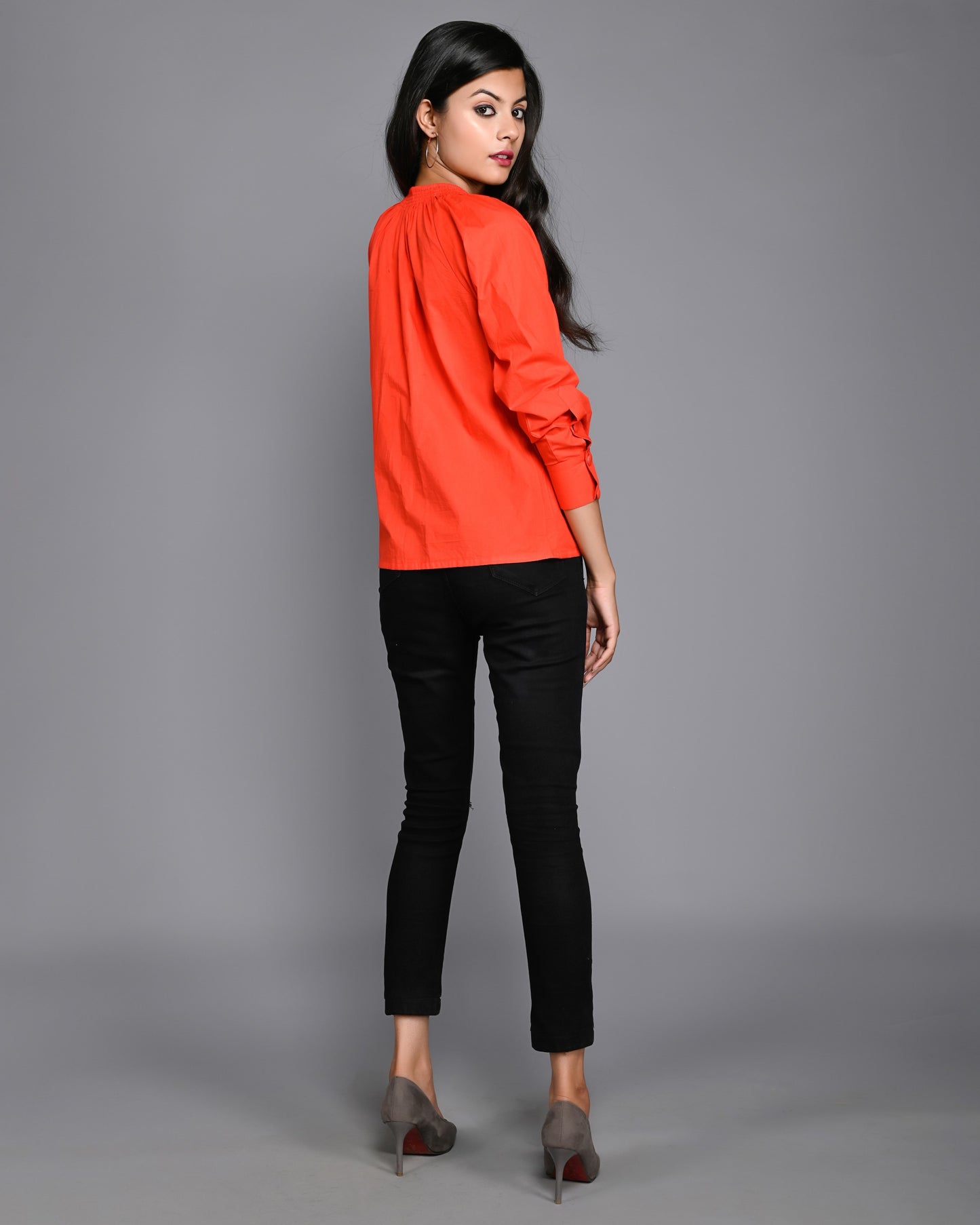 Orange Poplin Top with Front Cut