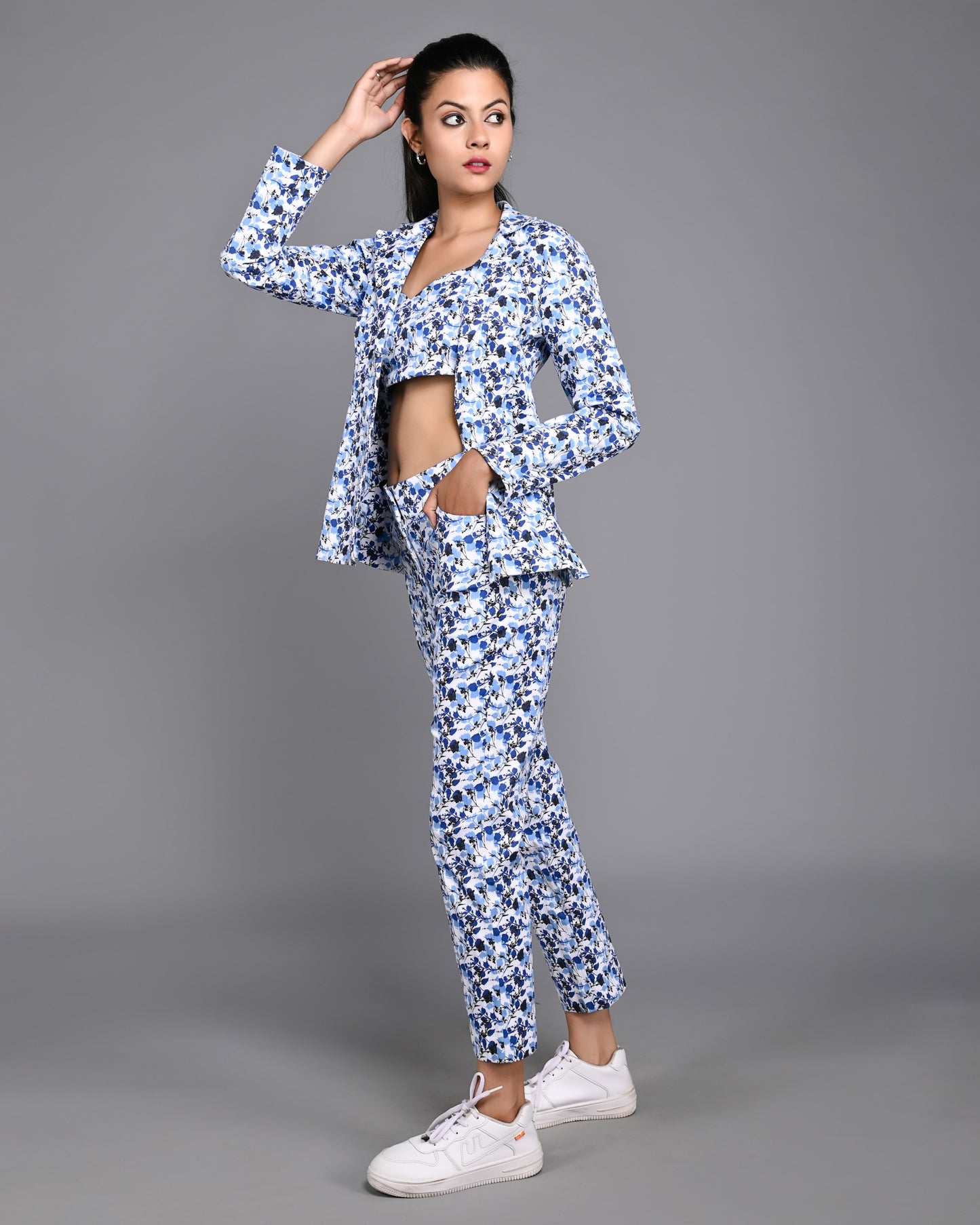 Printed Co-ords Three Piece Pant Set with Blazer and Tube