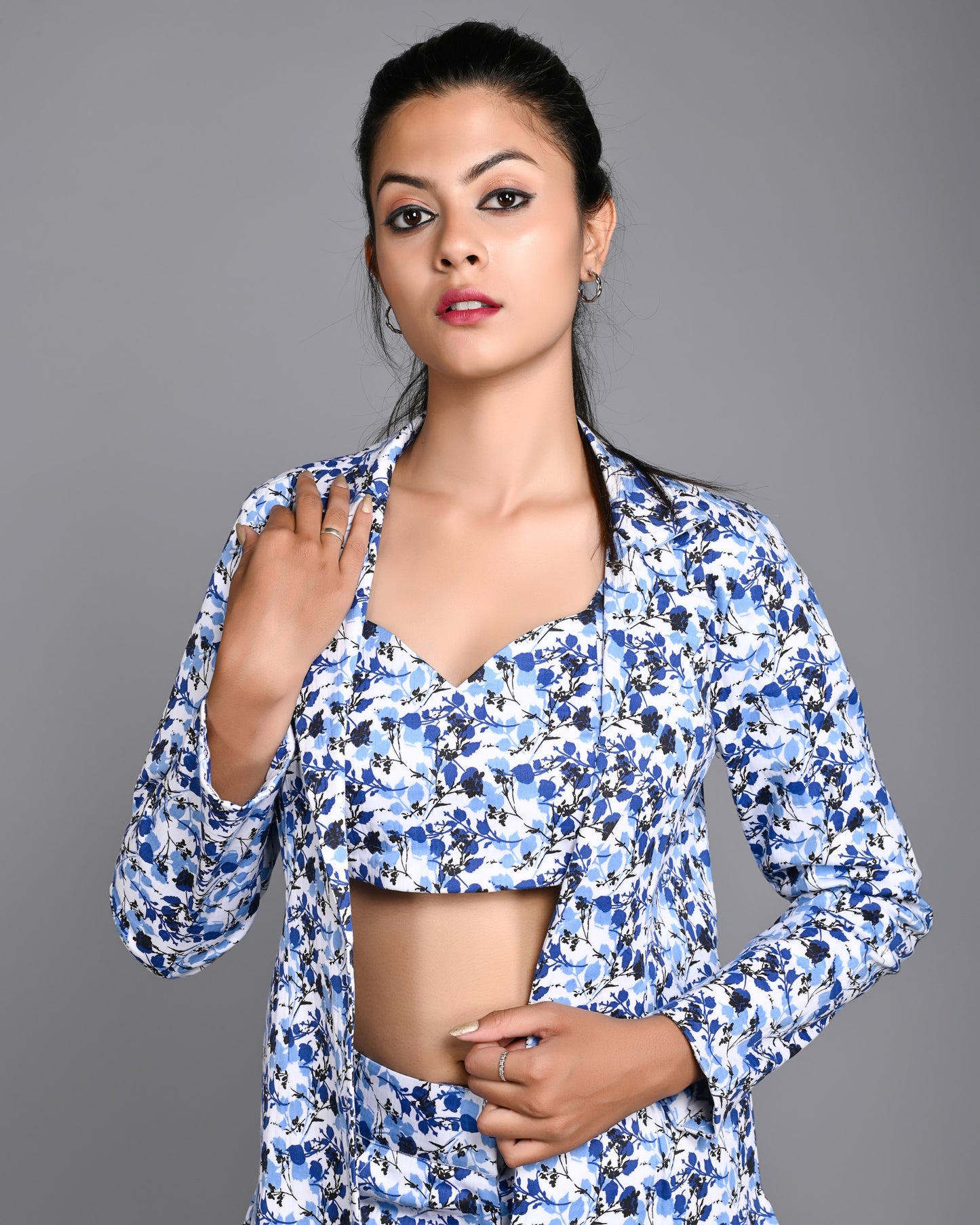 Printed Co-ords Three Piece Pant Set with Blazer and Tube