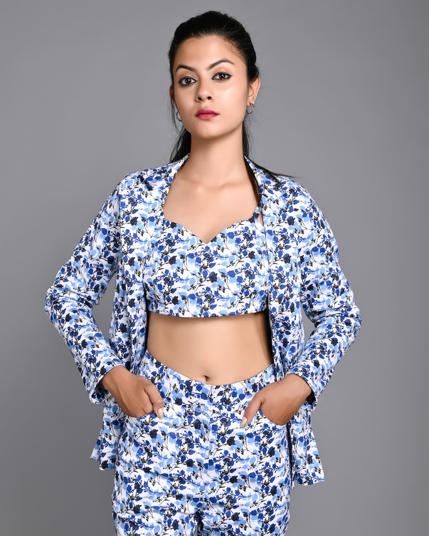 Printed Co-ords Three Piece Pant Set with Blazer and Tube