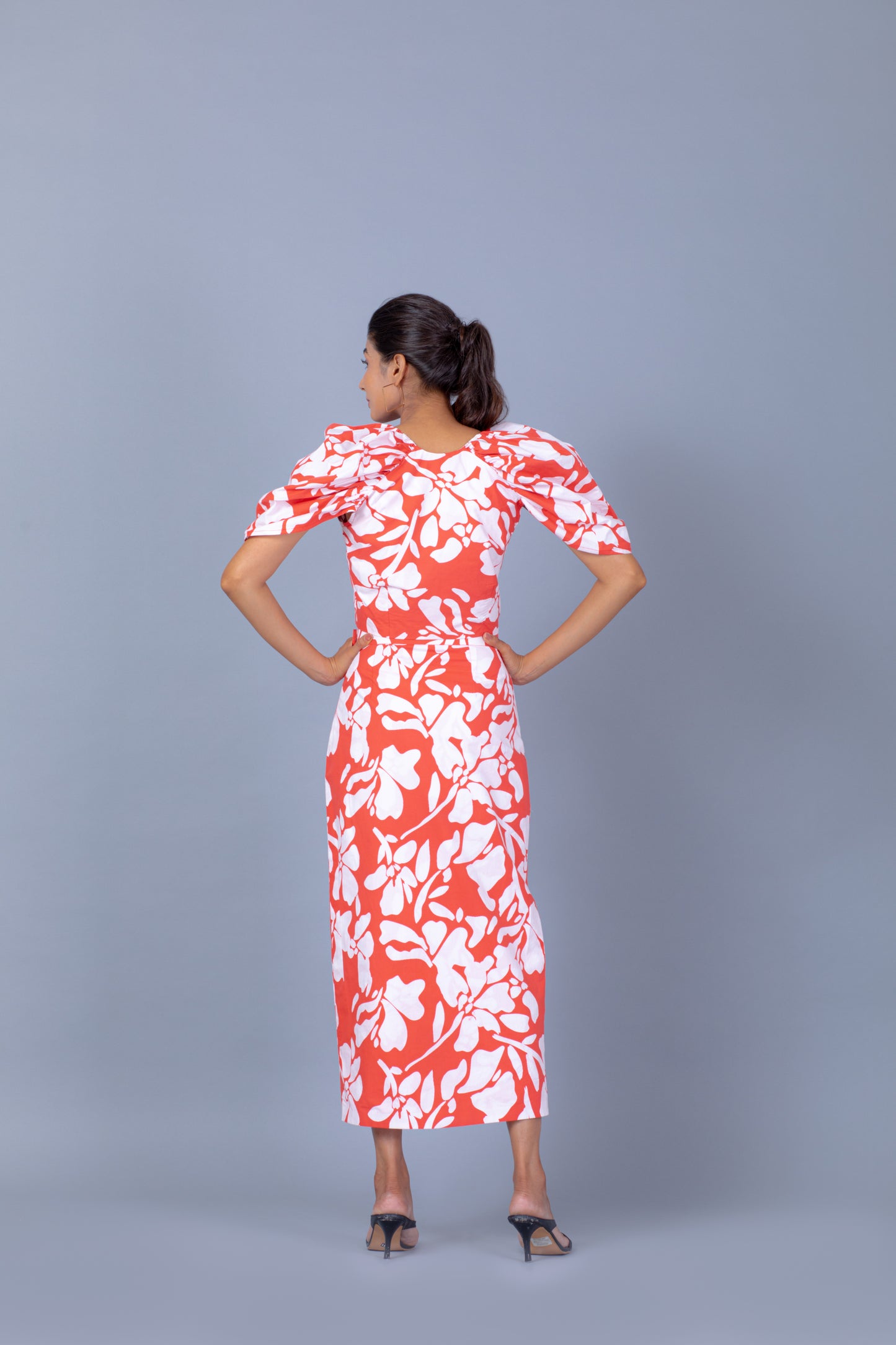 Red and White Printed Crop Shirt With Designer Sleeves