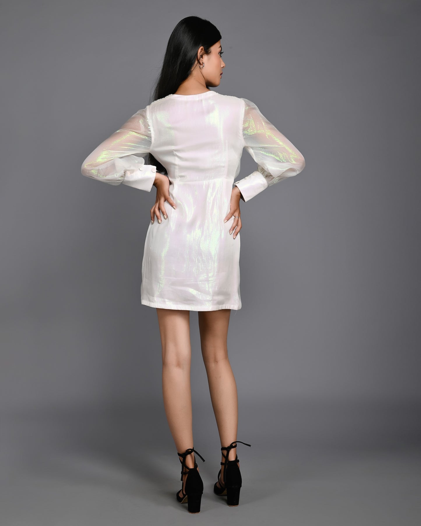 White Shimmer Silk Short Full Sleeves Dress