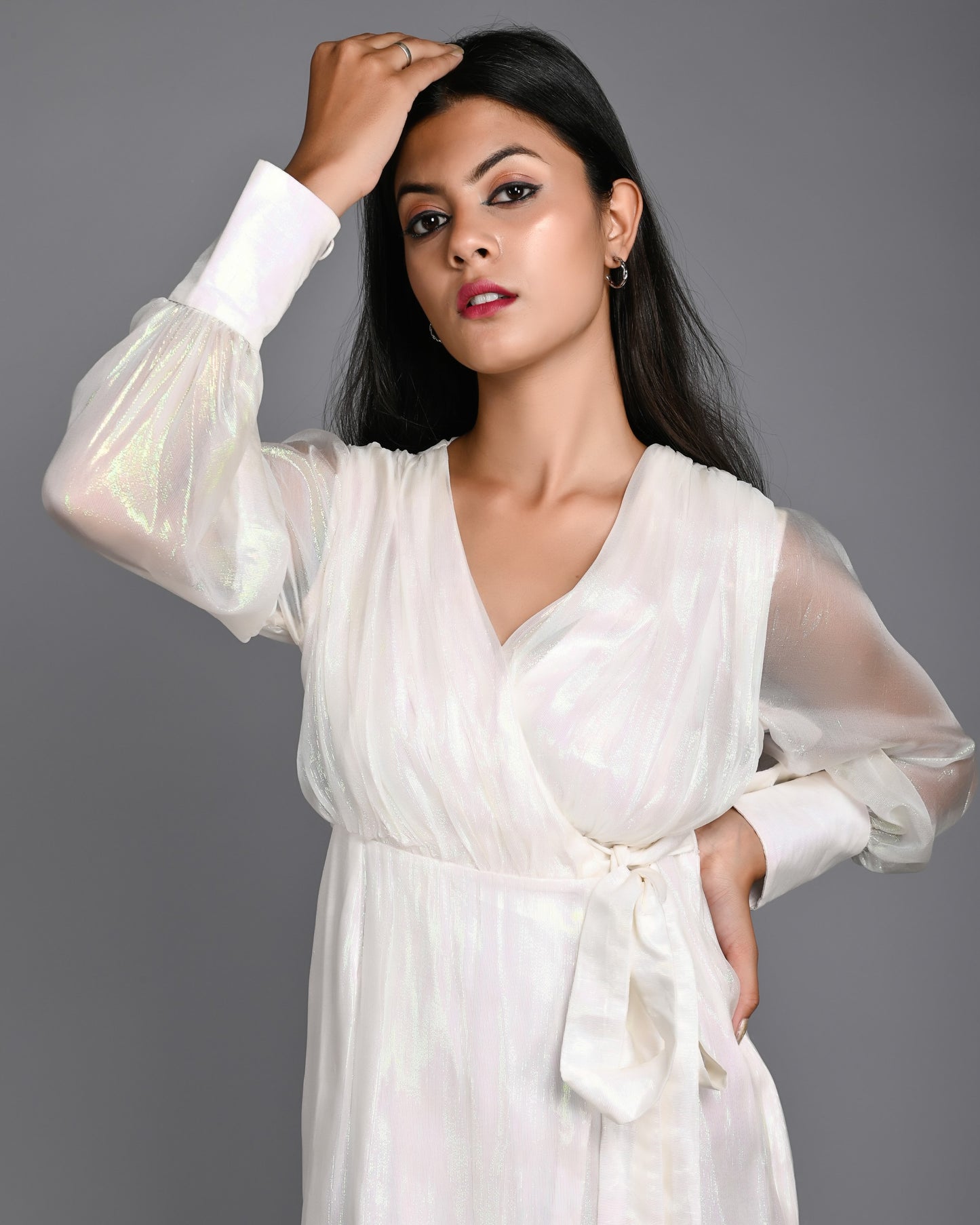 White Shimmer Silk Short Full Sleeves Dress