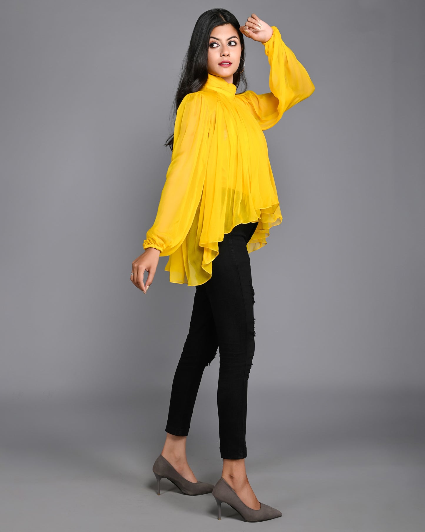 Yellow Full Gathered High Neck Chiffon Top