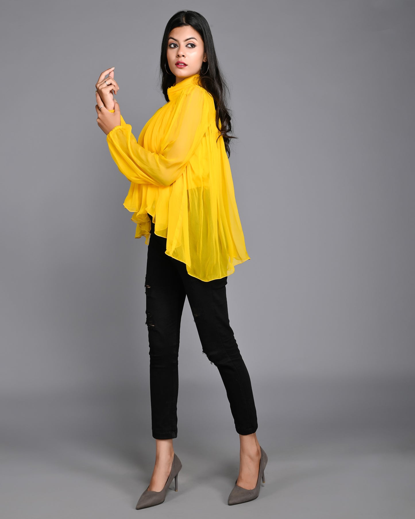 Yellow Full Gathered High Neck Chiffon Top