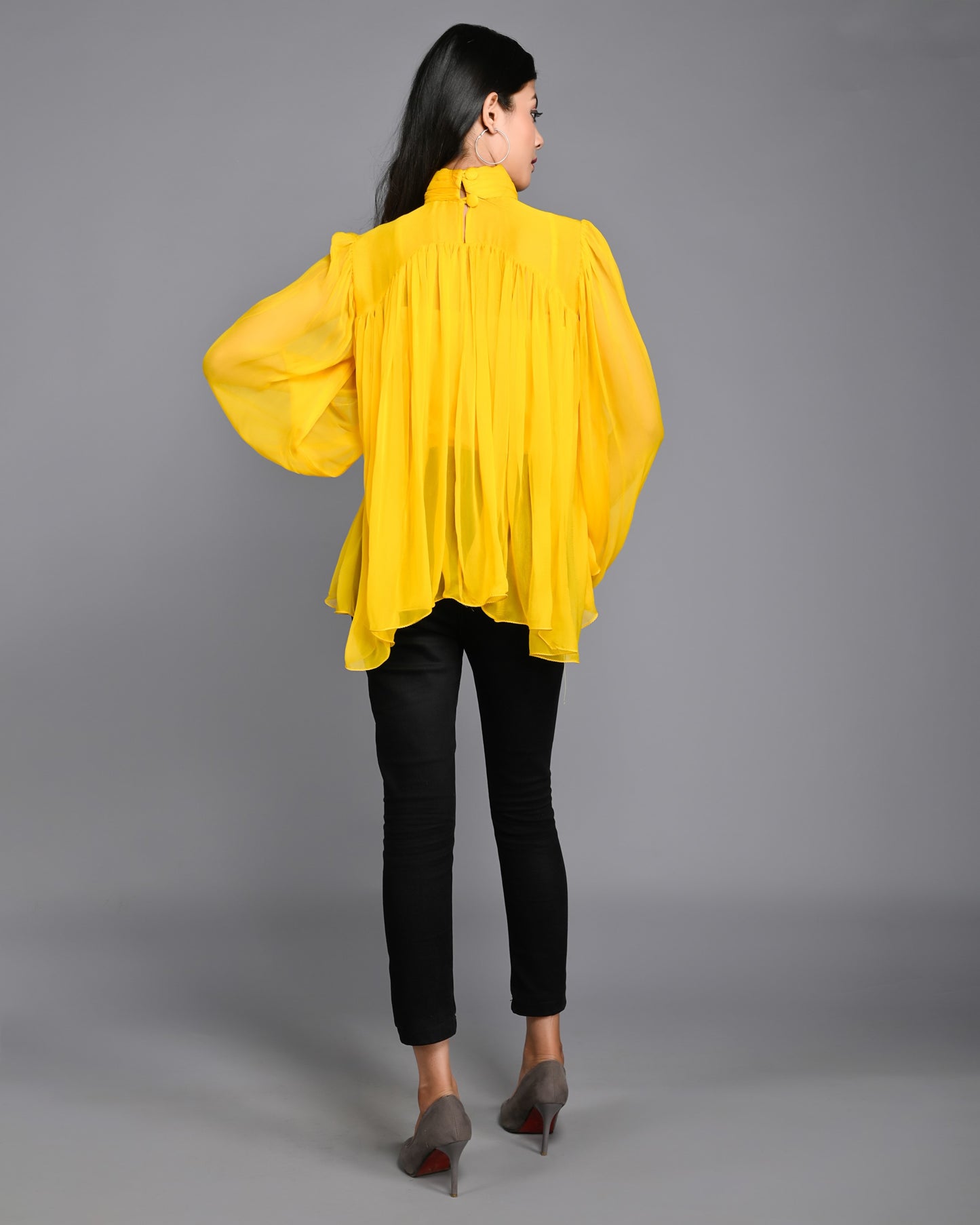 Yellow Full Gathered High Neck Chiffon Top