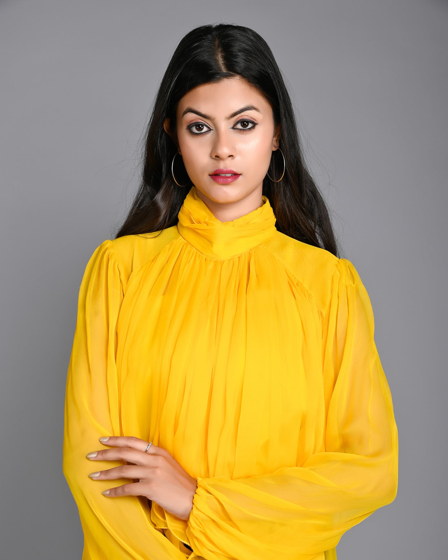 Yellow Full Gathered High Neck Chiffon Top
