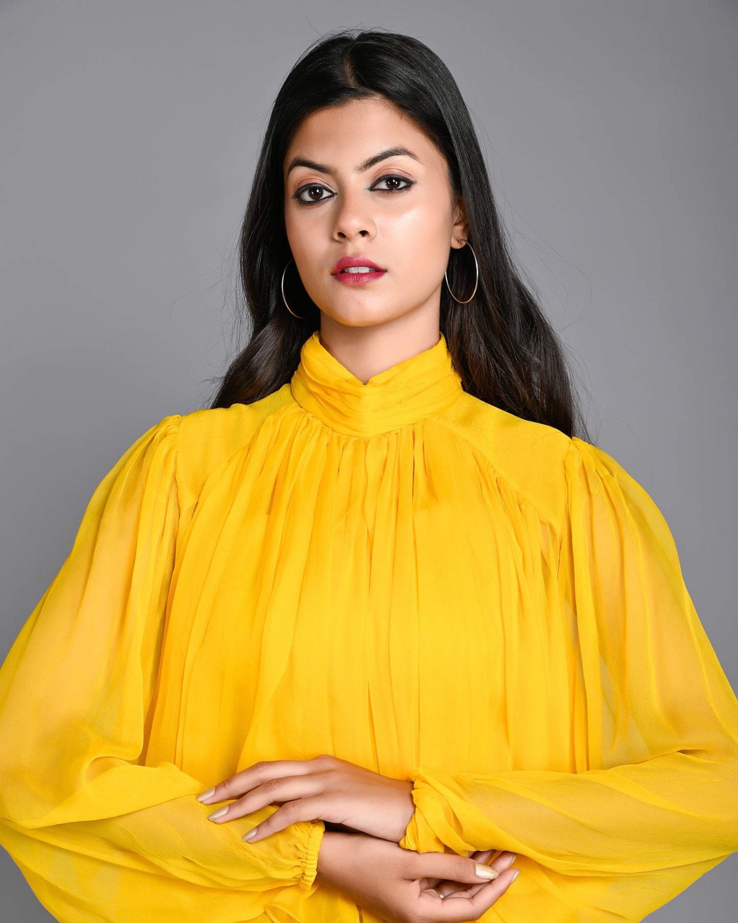 Yellow Full Gathered High Neck Chiffon Top