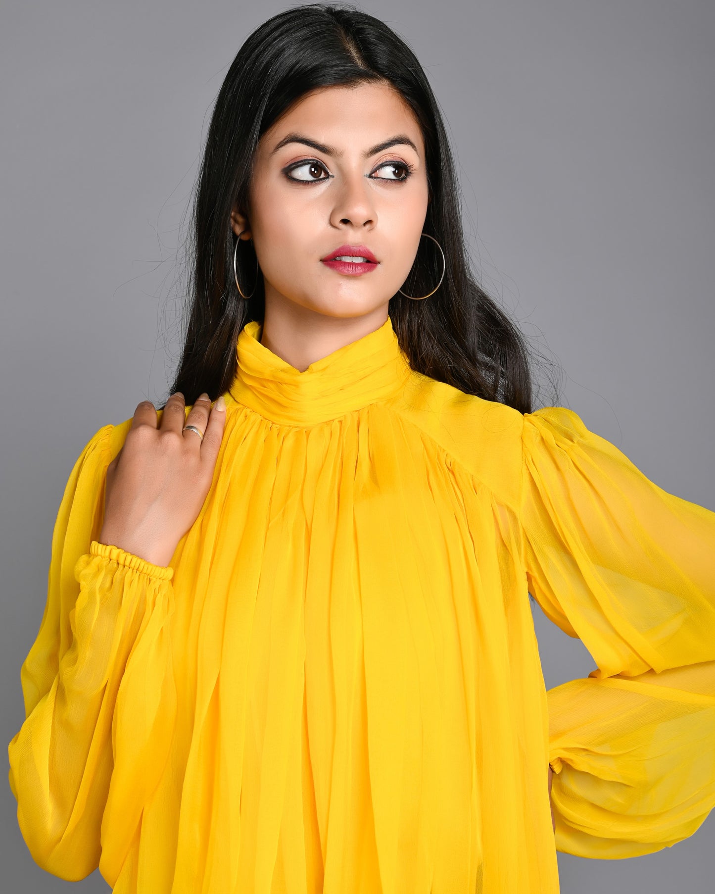 Yellow Full Gathered High Neck Chiffon Top