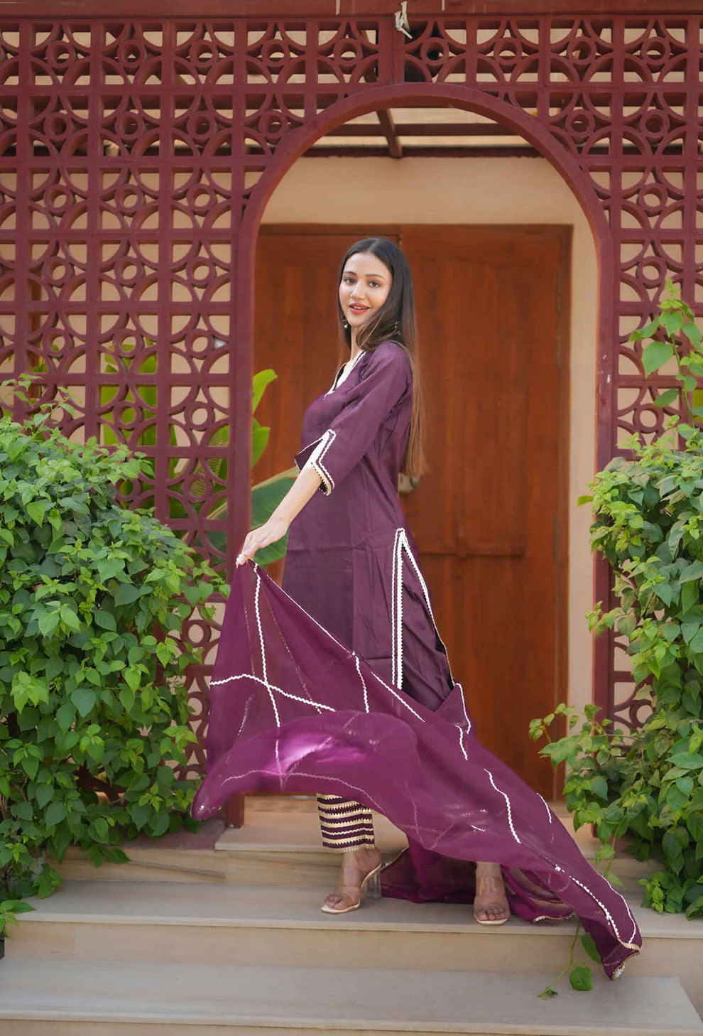 Nikhaar Wine Gota Work Suit Set