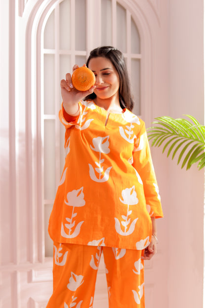 Orange & White Printed Co-ord Set