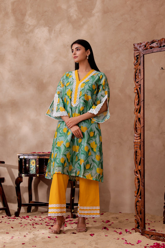 Floral Printed Chanderi Kurta Co-ord Set