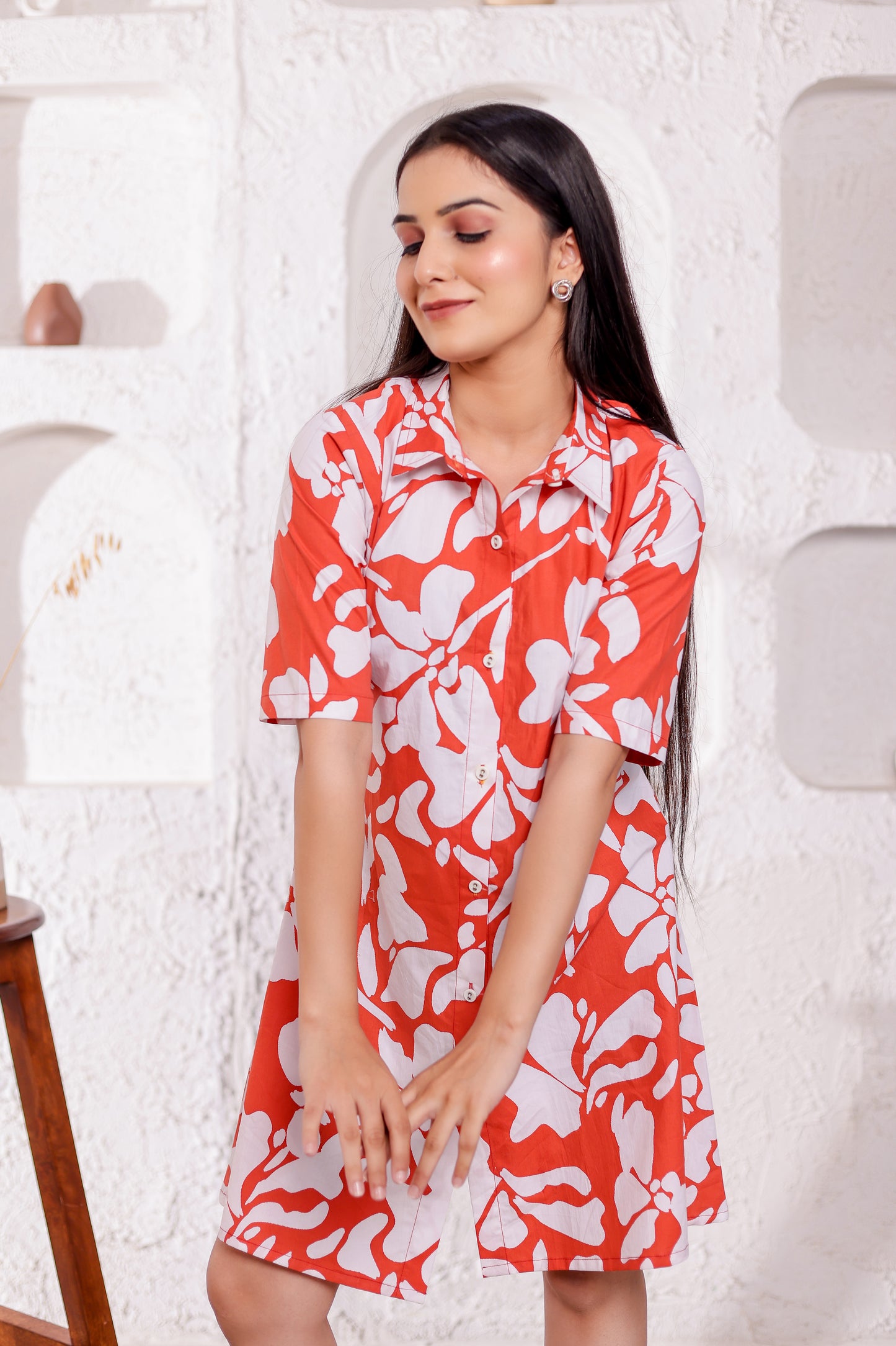 Red and White Printed Shirt Dress