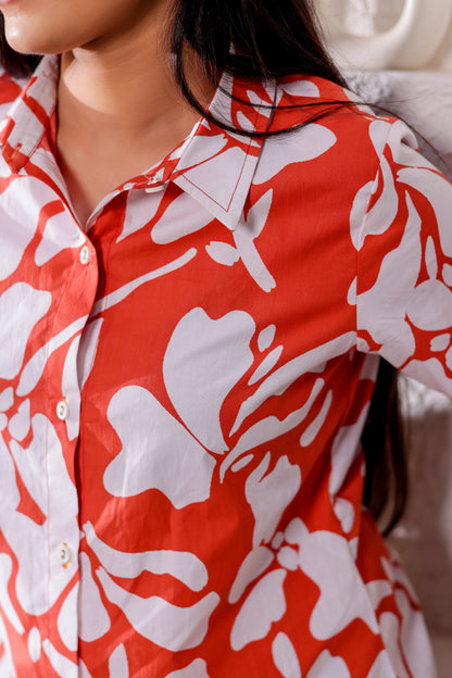 Red and White Printed Shirt Dress