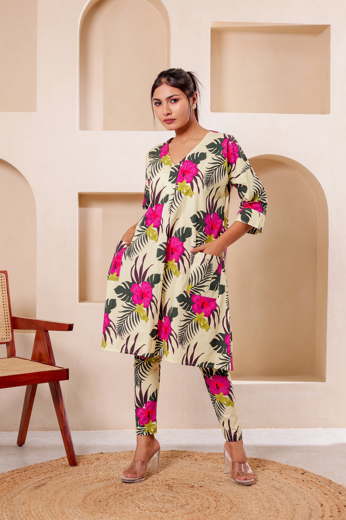 Beige Tropical Printed Co-ord Set