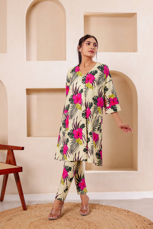 Beige Tropical Printed Co-ord Set