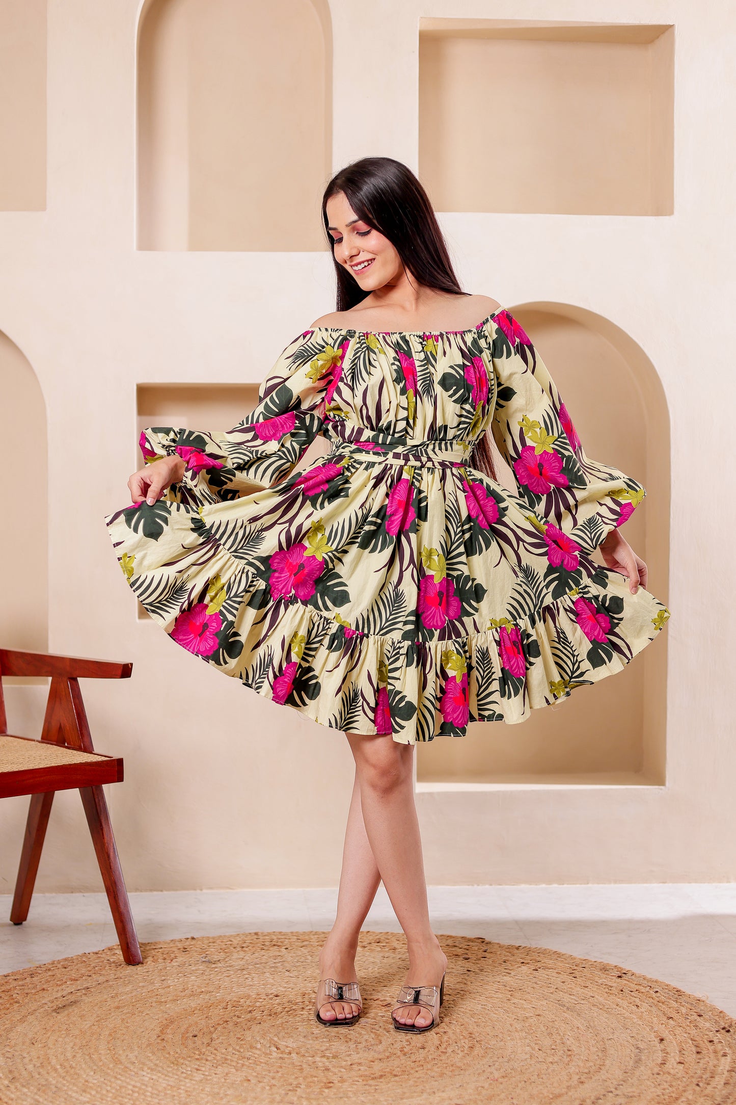 Beige Tropical Off Shoulder Midi Dress