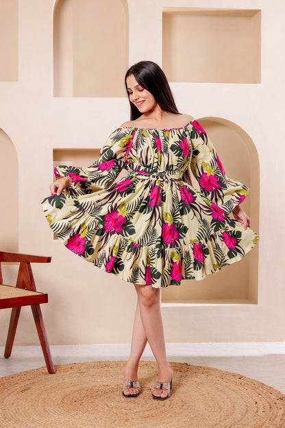 Beige Tropical Off Shoulder Midi Dress