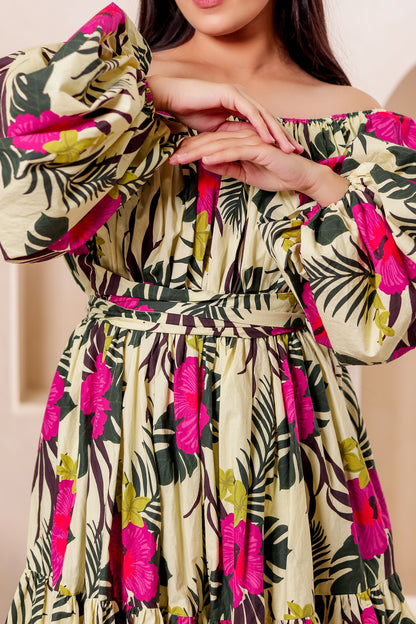 Beige Tropical Off Shoulder Midi Dress