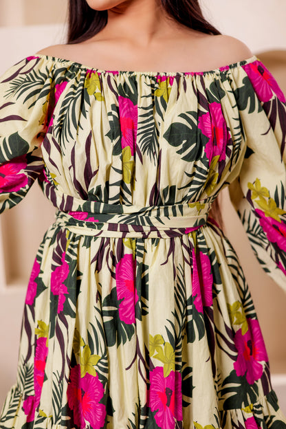 Beige Tropical Off Shoulder Midi Dress