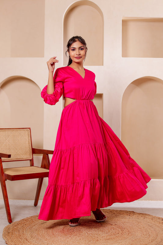 Flared 3-Tier Dress with Voluminous Sleeves & Back Cutout