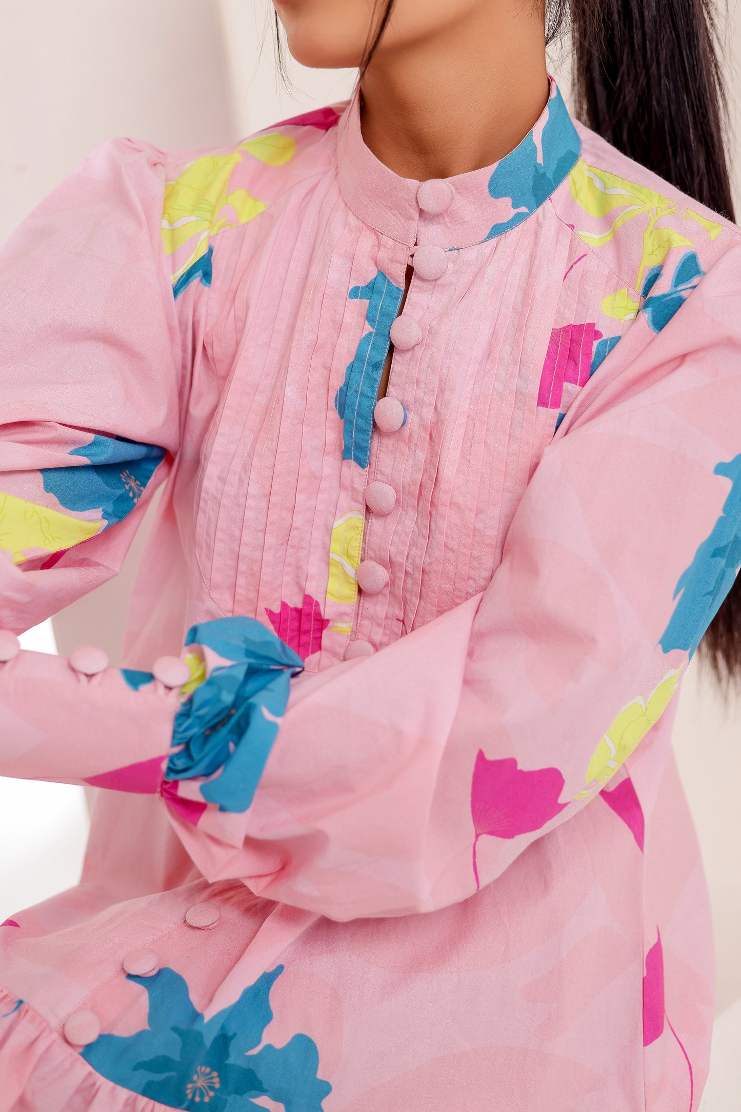 Pastel Pink Buttoned Loose Fit Floral Dress