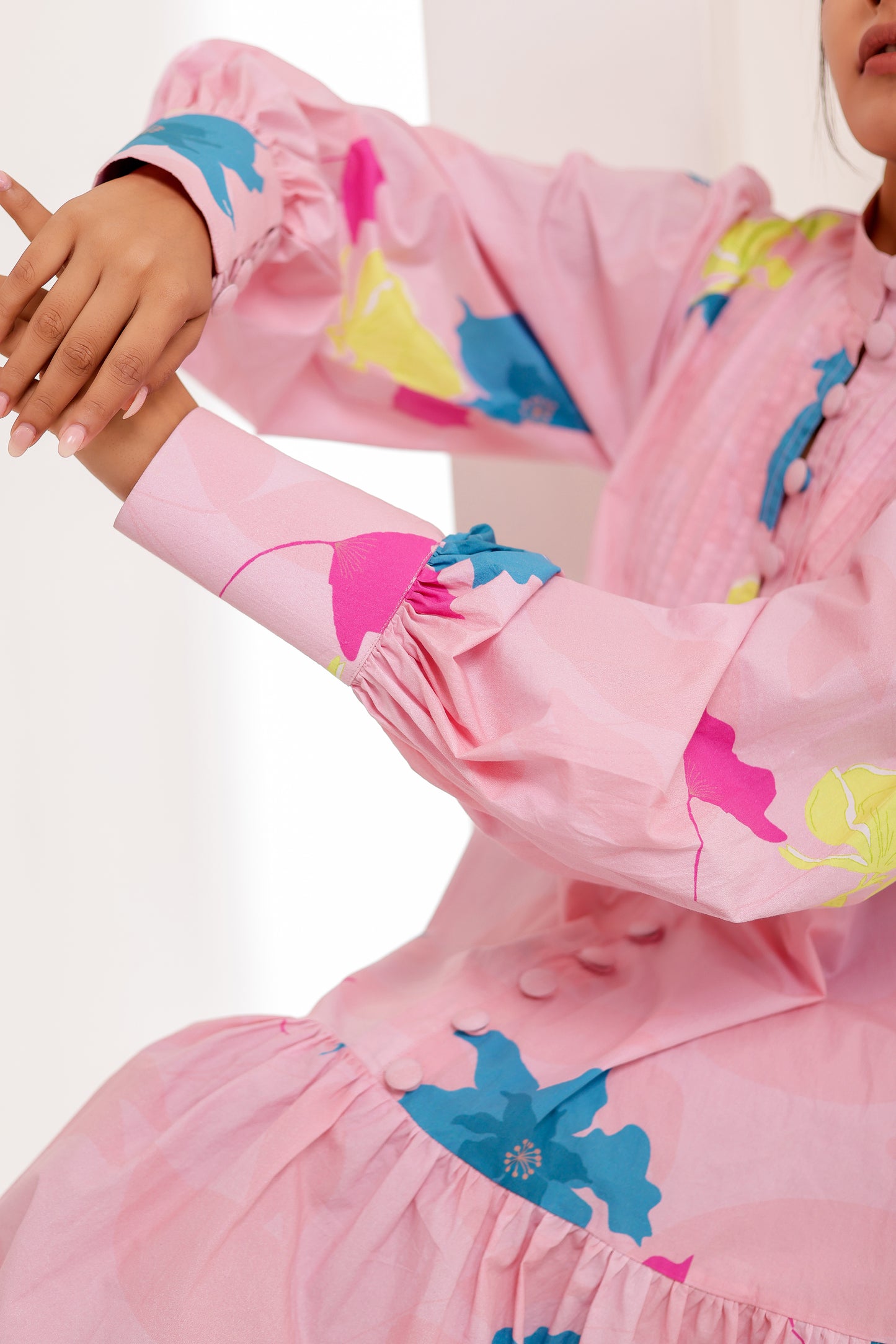 Pastel Pink Buttoned Loose Fit Floral Dress