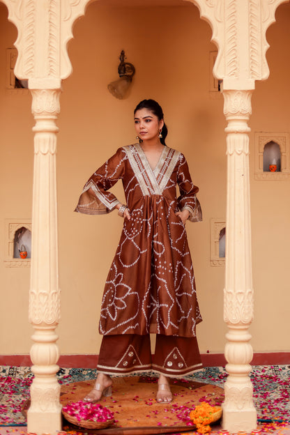 Brown Chanderi Gota Work Kurta Co-ord Set