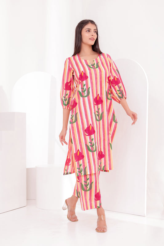 Pink Flora Kurta Co-ord Set