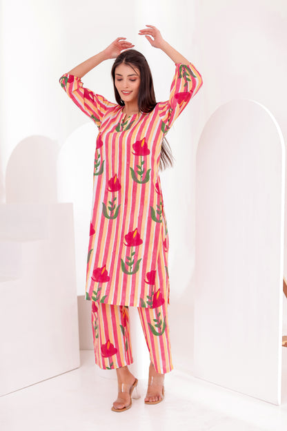 Pink Flora Kurta Co-ord Set