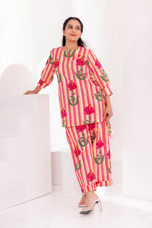 Pink Flora  Low High Co-ord Set