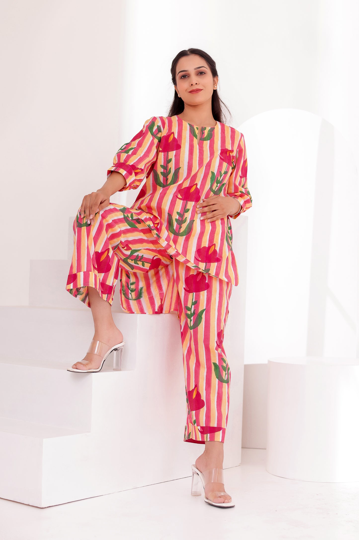 Pink Flora  Low High Co-ord Set