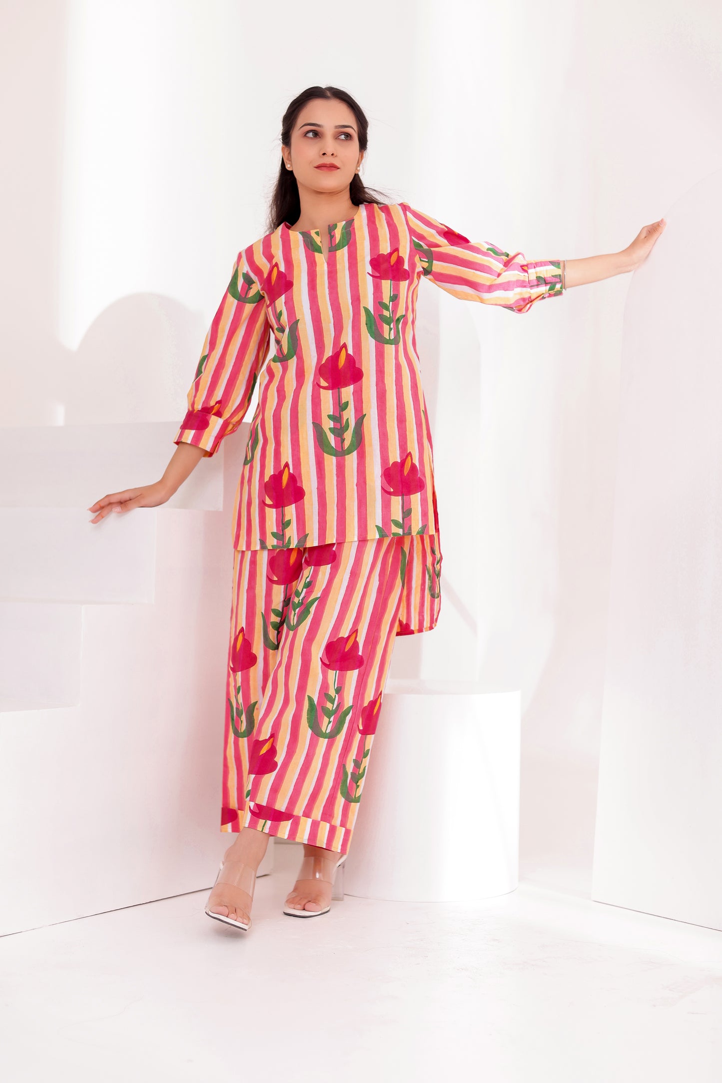 Pink Flora  Low High Co-ord Set